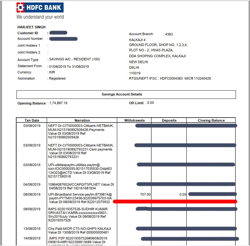 hdfc bank statment showing payment to paytm
